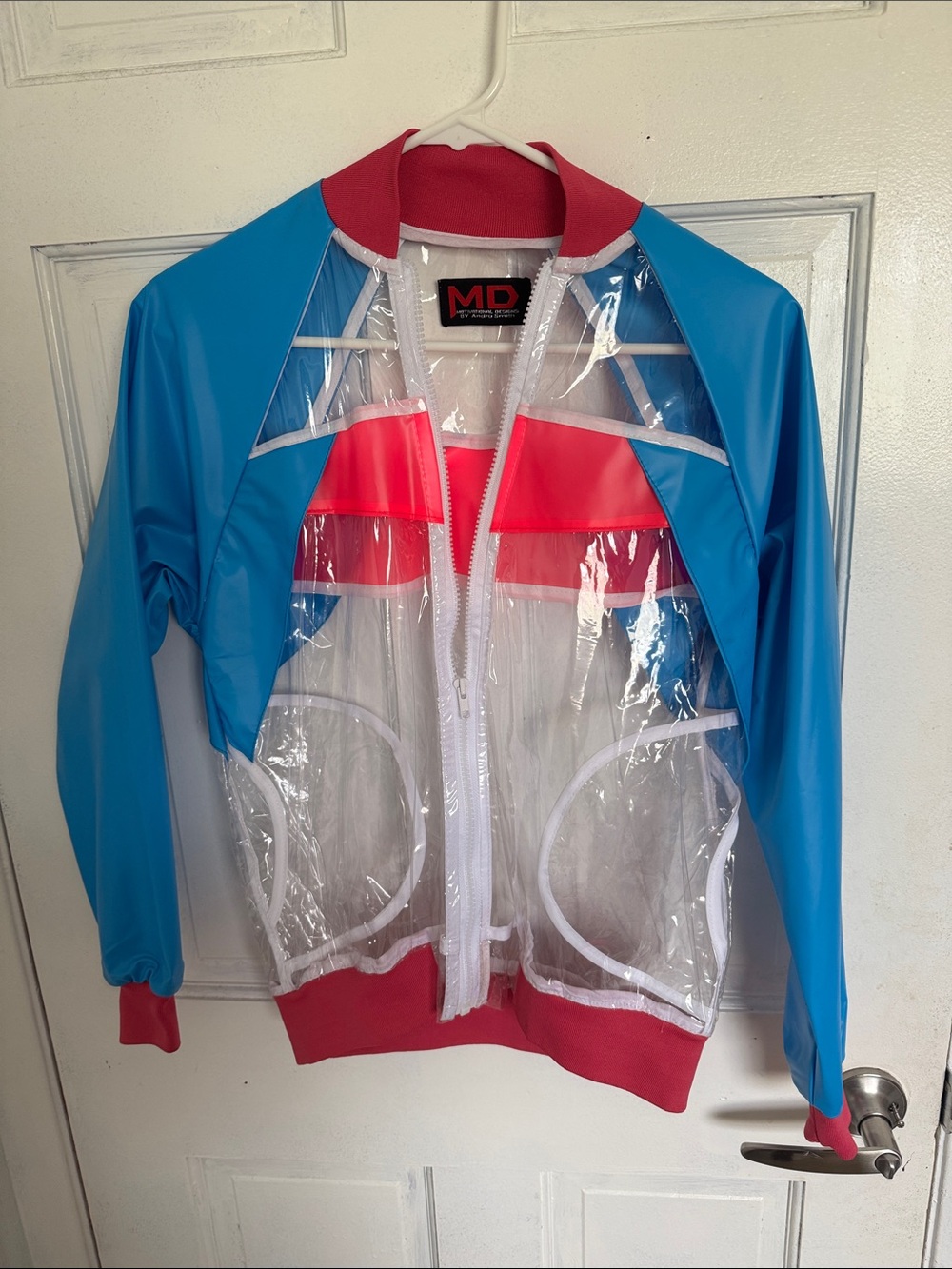 Blue and Hot Neon Pink Clear Panel Bomber Jacket